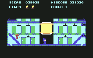 Elevator Action (Commodore 64) screenshot: Going down an escalator