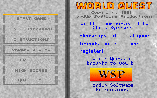 World Quest (DOS) screenshot: Main menu.