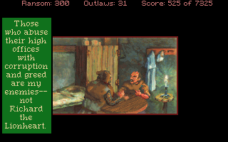 Conquests of the Longbow: The Legend of Robin Hood (DOS) screenshot: A cutscene with a long, beautifully written conversation