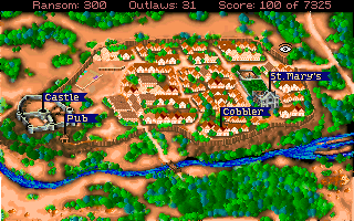 Conquests of the Longbow: The Legend of Robin Hood (DOS) screenshot: ...and this is the map of Nottingham Town. You can venture to all the locations you see marked on both maps, plus more