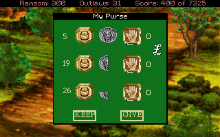 Conquests of the Longbow: The Legend of Robin Hood (DOS) screenshot: There is some money management in the game. A few situations require you to decide how much money you want to give to another person