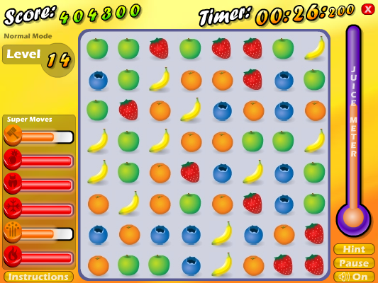 Fruit Smash (Windows) screenshot: Normal mode: almost all supermoves with 3x power