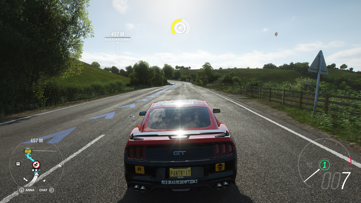 Forza Horizon 4 (Windows Apps) screenshot: Ford Mustang GT chase view, Summer season on green field