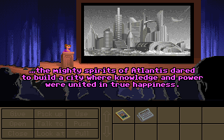 Indiana Jones and the Fate of Atlantis (DOS) screenshot: Sophia is telling the legend of Atlantis to the audience