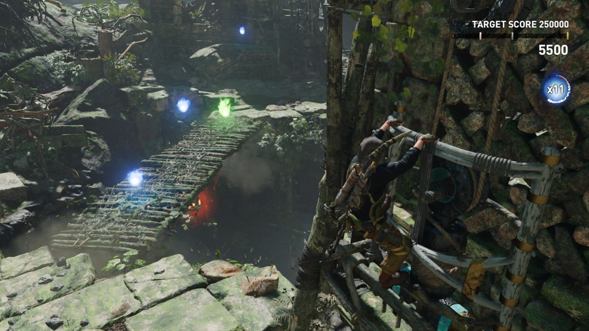 Shadow of the Tomb Raider: The Forge (Windows) screenshot: The pretty lights of the score attack mode for the tomb
