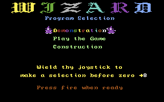 Ultimate Wizard (Commodore 64) screenshot: Title screen and main menu