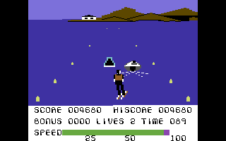 Waterski 3D (Commodore 64) screenshot: Ramp is approaching.