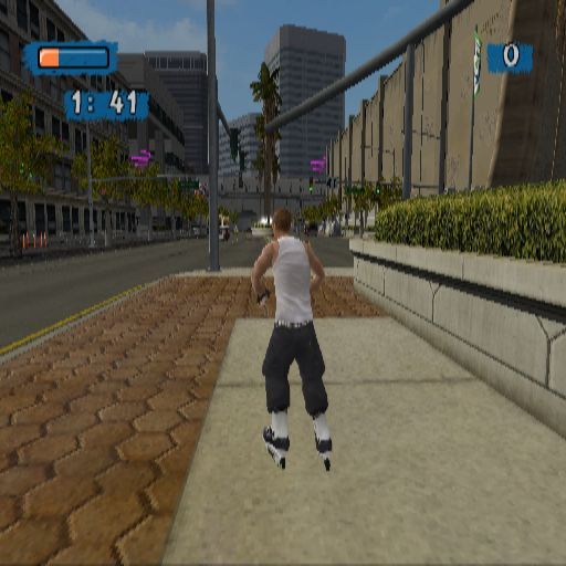 Aggressive Inline (PlayStation 2) screenshot: The street level detail is good too. Fountains, flags and traffic all move well. The purple spirals are one of the game's power-ups, others are green and orange