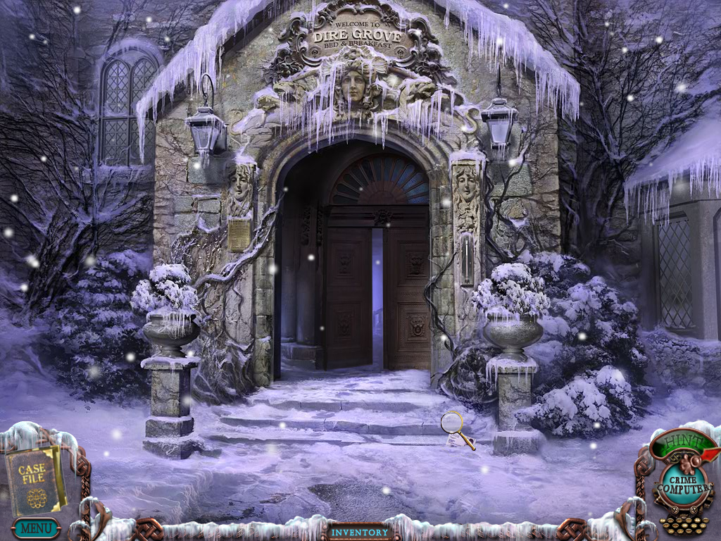 Mystery Case Files: Dire Grove (Windows) screenshot: Footsteps lead into the inn. What's that on the ground?