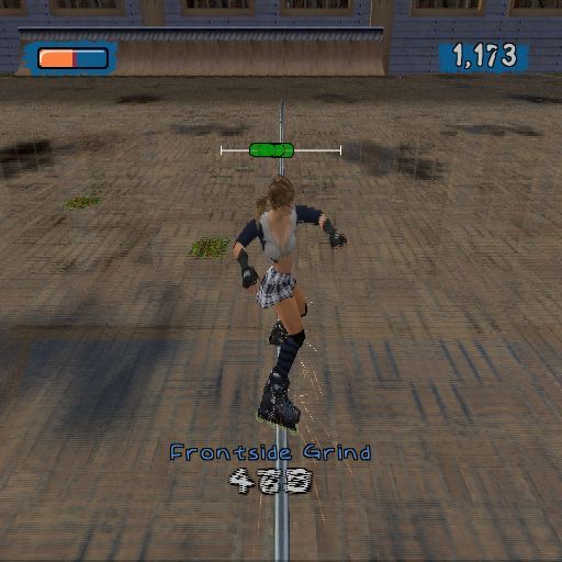 Aggressive Inline (PlayStation 2) screenshot: This is one of the tricks that can be performed. Skate near an edge. Press cross to jump, press triangle to grind, use left/right to balance