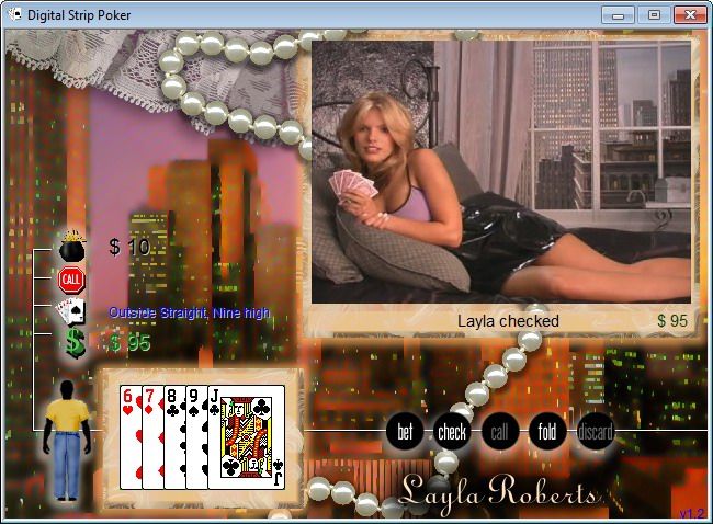 Digital Strip Poker featuring Layla Roberts (Windows) screenshot: Layla checked (Purple shirt round 1)