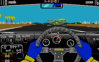 Fast Lane! The Spice Engineering Challenge (Atari ST) screenshot: The green thing in front of my car is an opposite car: the all look the same, they only scale, you do not see them taking the curves. And it seems they are hover over the road