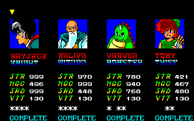 King's Knight (Sharp X1) screenshot: Each of the 4 characters has their own stage. The asterisks on the bottom show how many of the 4 spell elements they have found