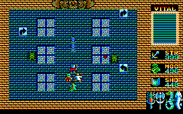 King's Knight (Sharp X1) screenshot: Fifth and final stage - Castle of Isande. You control all 4 characters as one unit. The arrows scattered along the ground rotates the party leader