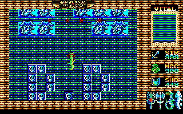 King's Knight (Sharp X1) screenshot: If you collected all four spell elements in Varusa's stage, you can transform him into a flying dragon at this spot, that way you can safely fly over the statues without taking any damage