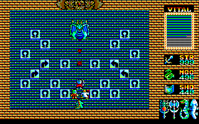 King's Knight (Sharp X1) screenshot: The final boss, you need to attack him with all four characters