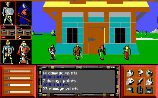 Drakkhen (DOS) screenshot: The party members encounter a building.