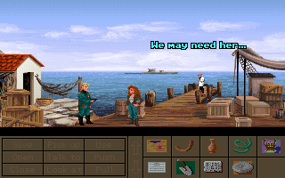 Indiana Jones and the Fate of Atlantis (DOS) screenshot: A cutscene shows that the Nazis have kidnapped Sophia! (Wits Path)