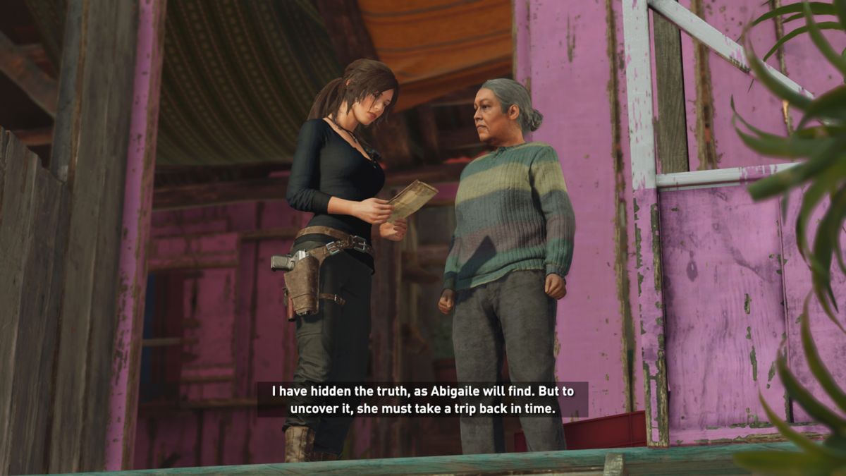 Shadow of the Tomb Raider: The Forge (Windows) screenshot: Lara meets Pillar who tells her about the map.