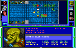 Hard Nova (DOS) screenshot: The game starts near this bar on the planet Mastassini. You see some... exotic people