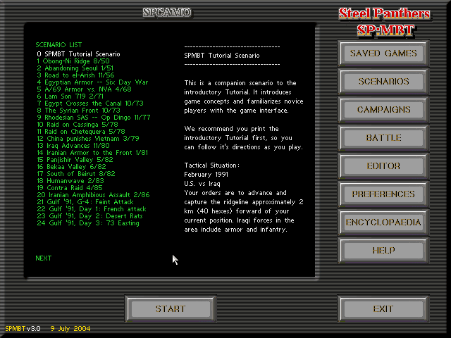 SPMBT (DOS) screenshot: Main menu screen with the pre-made scenario selection.