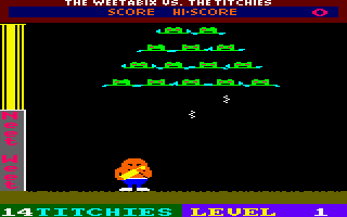 Weetabix Versus the Titchies (Amstrad CPC) screenshot: Carrying a Weetarocket.