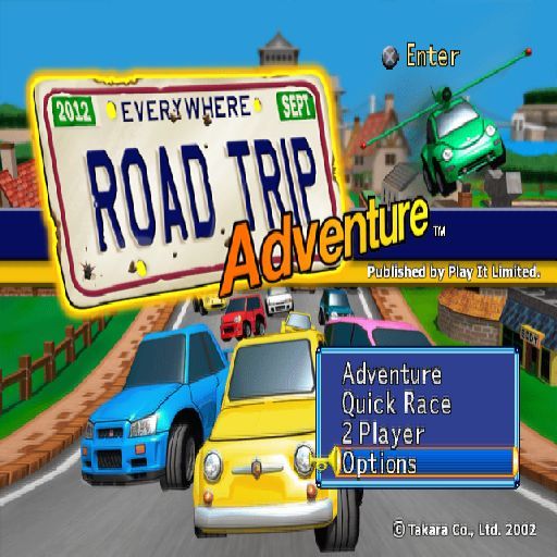 Road Trip (PlayStation 2) screenshot: The game's main menu is just the title screen with a small box in the lower right