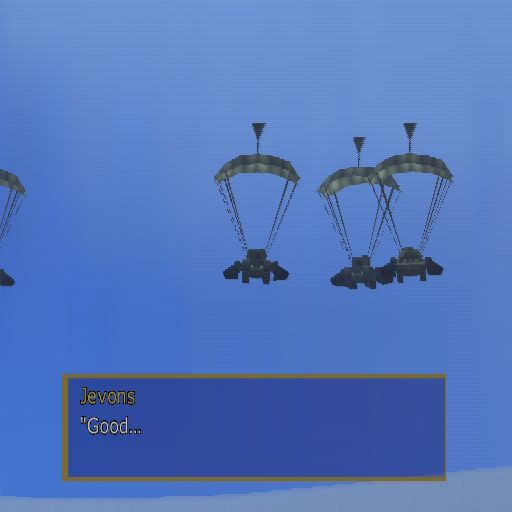 Seek and Destroy (PlayStation 2) screenshot: There are some interesting machines in this game. These are tanks being parachuted in. Other tanks can actually fly with the right modifications