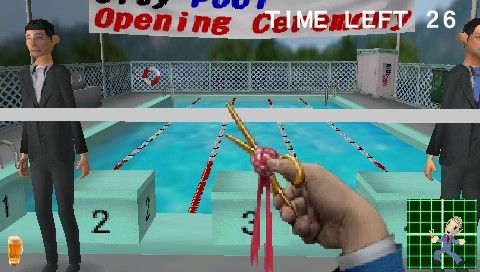 WTF: work time fun (PSP) screenshot: Drunken Mayor - cut the ribbon while drunk and your hand is moving all around the screen by itself