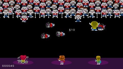 WTF: work time fun (PSP) screenshot: Bouncer Bash - protect the band from fans. Frantic arcade action