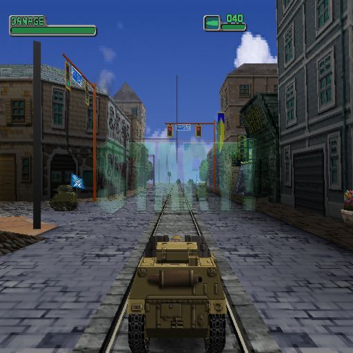 Seek and Destroy (PlayStation 2) screenshot: The game begins. Ahead and to the left is one of our tanks denoted by the blue flag. all bad tanks have black tanks