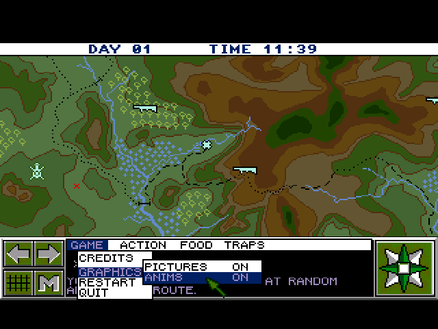 Lost Patrol (Amiga) screenshot: The main ingame menu is suited downwards, but experiment with left and right mouse clicks on some options as they're variable.