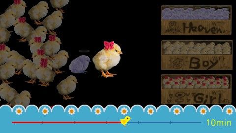 WTF: work time fun (PSP) screenshot: Chick Sorting - sort girl, boy or dead chickens correctly