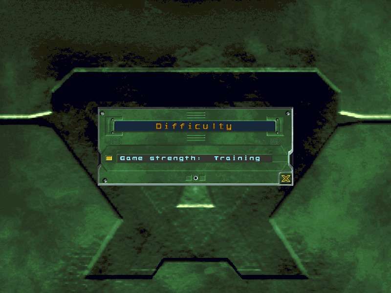 Battle Isle 2220: Shadow of the Emperor (Windows) screenshot: Game difficulty screen, click the yellow box to change and 'X' to progress
