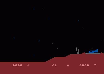 Moon Patrol (Atari 8-bit) screenshot: Two player hot seat with player indicated by arrow