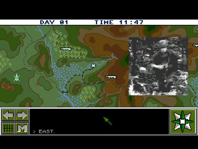 Lost Patrol (Amiga) screenshot: When you select the marching direction, sometimes you will see animated slides if the terrain corresponds.