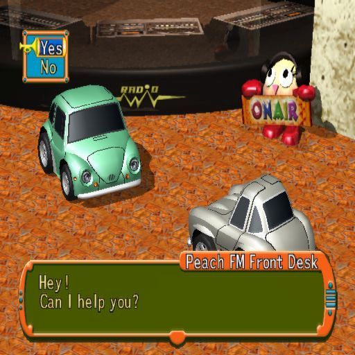 Road Trip (PlayStation 2) screenshot: The receptionist at Peach FM. Dialogue appears at the bottom of the screen. The player presses cross to continue the conversation. Eventually it ends or, as shown here, a question is asked