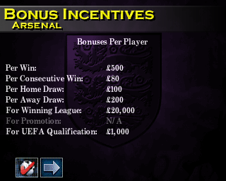 F.A. Manager (PlayStation) screenshot: Bonus incentives for the players
