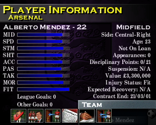 F.A. Manager (PlayStation) screenshot: Detailed player information
