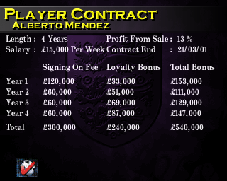 F.A. Manager (PlayStation) screenshot: Overview of a player's contract