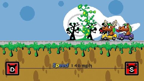 WTF: work time fun (PSP) screenshot: Cliff Race 2000 - race to the cliff and be sure to stop later than your opponent