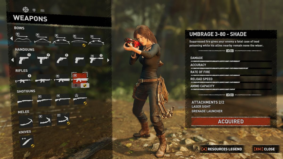 Shadow of the Tomb Raider: The Forge (Windows) screenshot: The new Umbrage 3-80 - Shade weapon equipped.