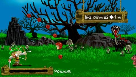 WTF: work time fun (PSP) screenshot: William Hell - try to hit an apple on an ogre's head