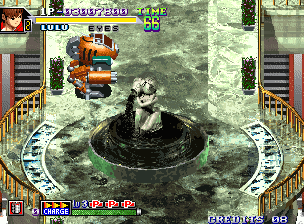 Shock Troopers: 2nd Squad (Neo Geo) screenshot: That statue is pouring out tar instead of water