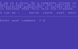 Journey to the Center of the Earth Adventure (Commodore PET/CBM) screenshot: When the game opens, we find that the ship's fribulating gonkulator has burned out. How awful!