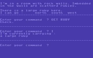 Journey to the Center of the Earth Adventure (Commodore PET/CBM) screenshot: Treasures are scattered about, which may be collected to increase your score at the end of the game.