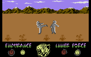 The Way of the Tiger (Commodore 16, Plus/4) screenshot: Good kick.