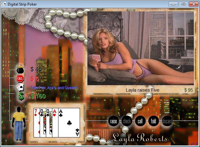 Digital Strip Poker featuring Layla Roberts (Windows) screenshot: Layla raises five without her skirt (Purple shirt round 2)