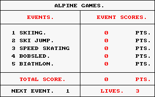 Alpine Games (Amstrad CPC) screenshot: The events.