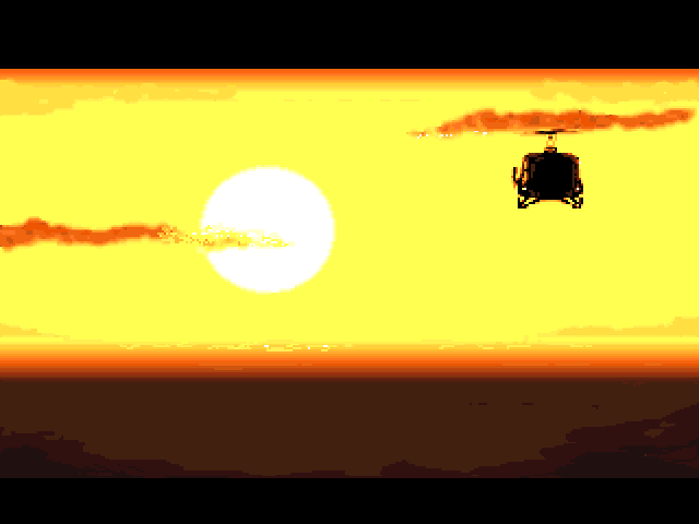 Lost Patrol (Amiga) screenshot: Intro scene showing the Huey prior to the crash.